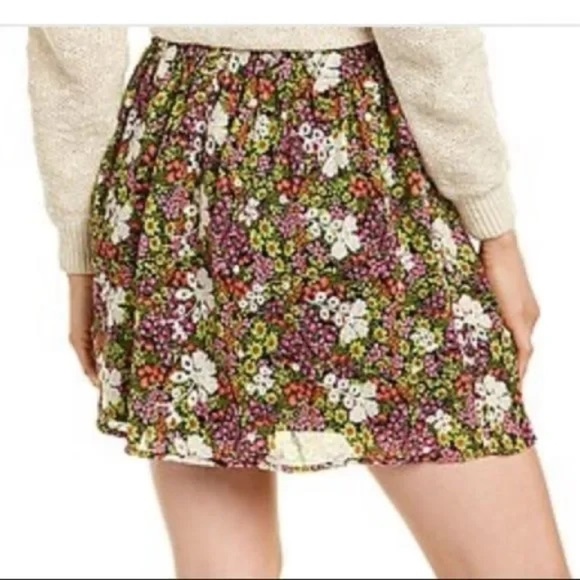 NEW Leyden Embroidered Floral Smocked Mini Skirt Black cream pink green Sz M - Picture 5 of 12